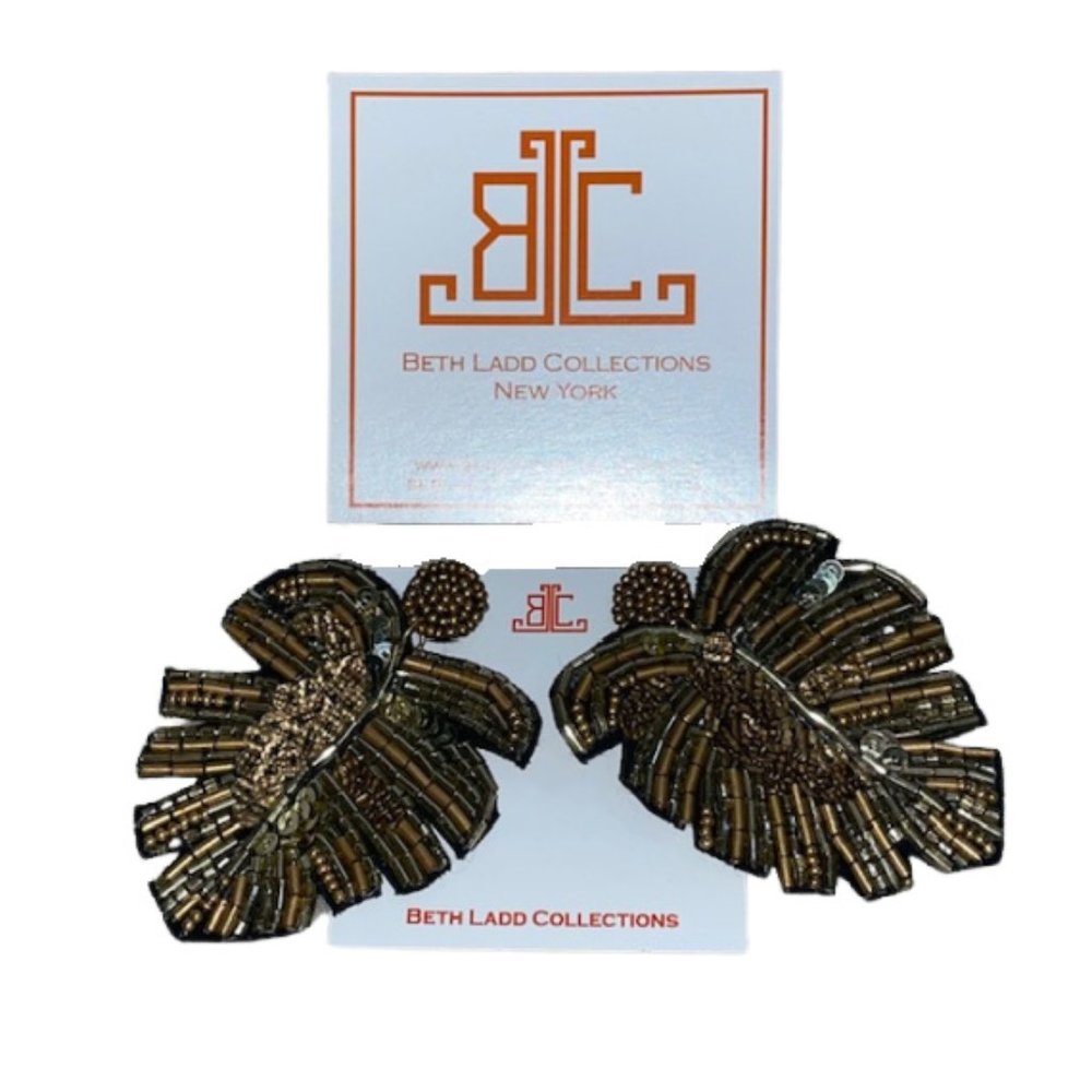 Beth Ladd Collections, NY - Sequined & Beaded Large Palm Leaf Earrings